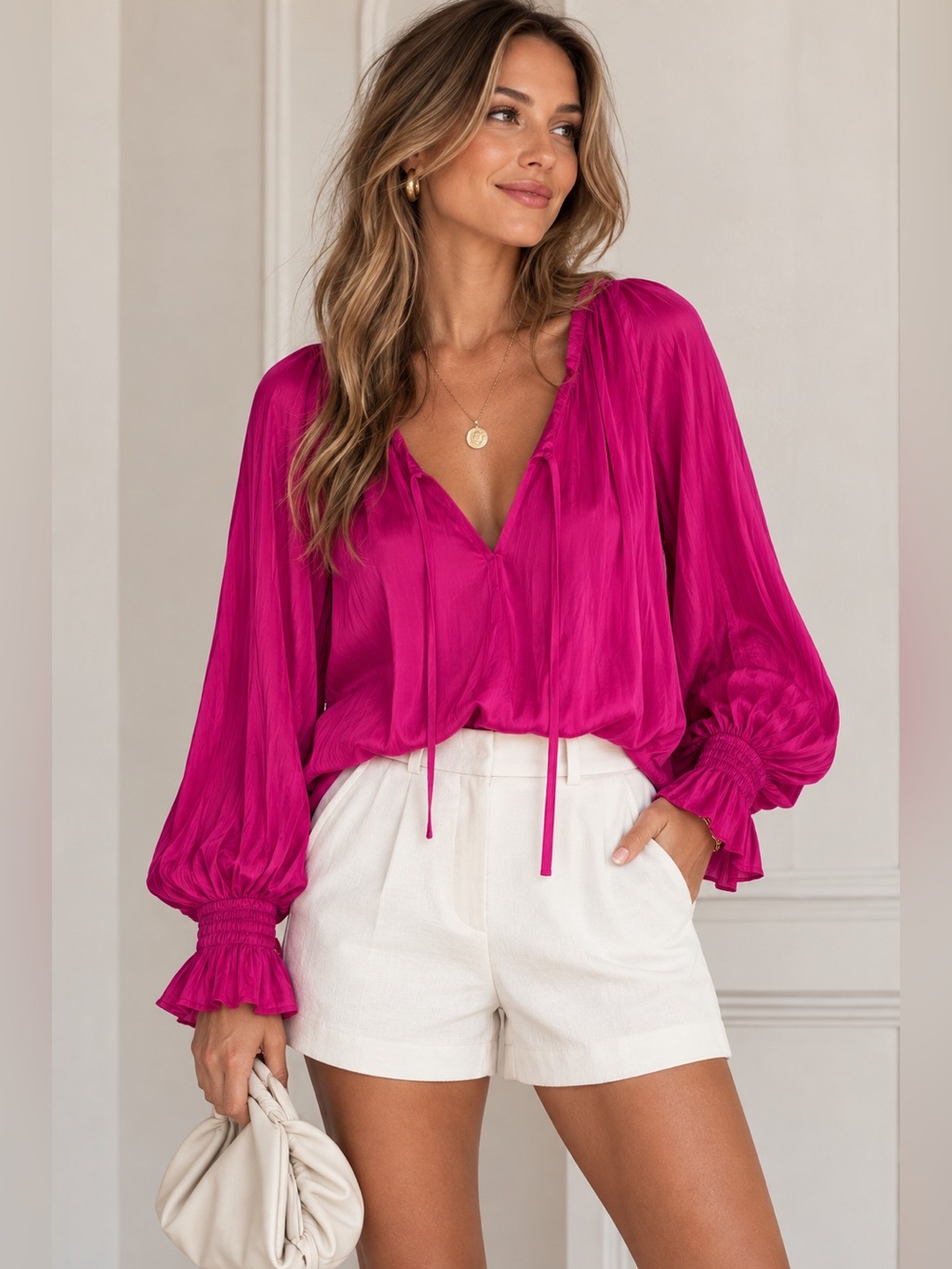 Ramy Brook Fuchsia V Neck Balloon Sleeve Blouse